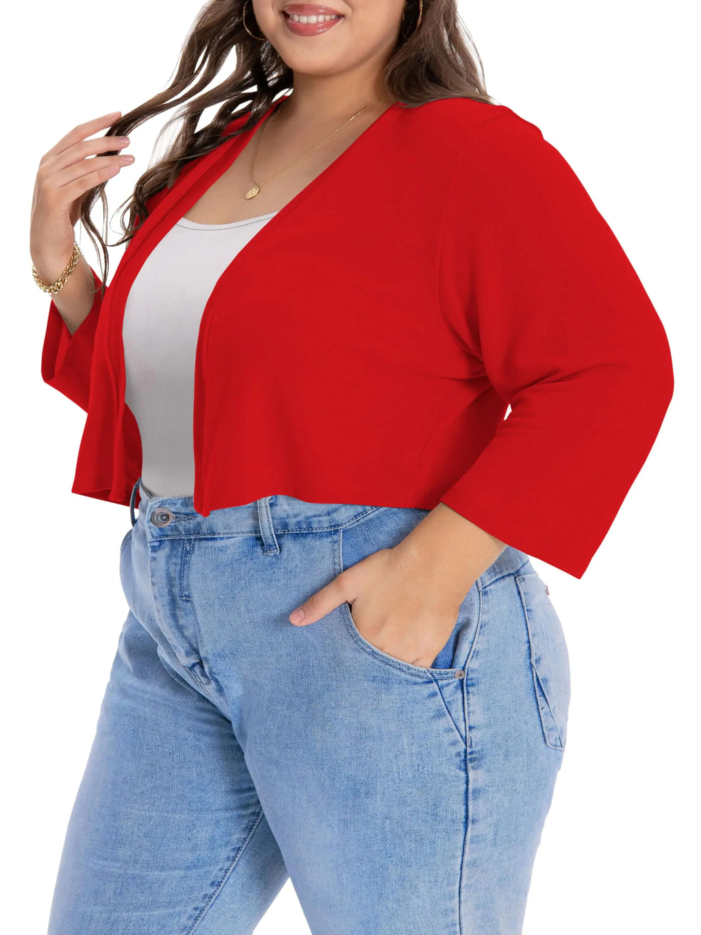 Plus Size Shrugs for Women Cropped Cardigan Knit Sweaters Open Front Bolero (RedXL)