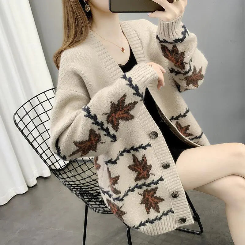 Maple Leaf Jacquard Knitted Loose Women's Cardigan