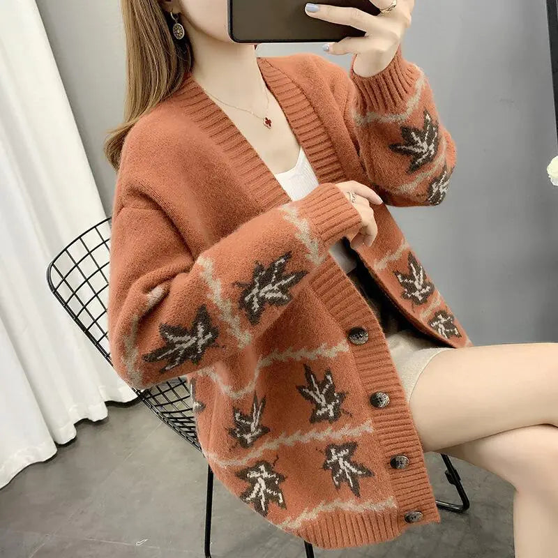 Maple Leaf Jacquard Knitted Loose Women's Cardigan