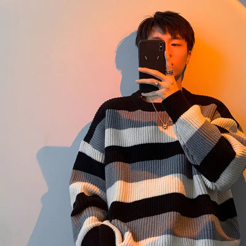 Men's Loose Round Neck Thick Striped Sweater