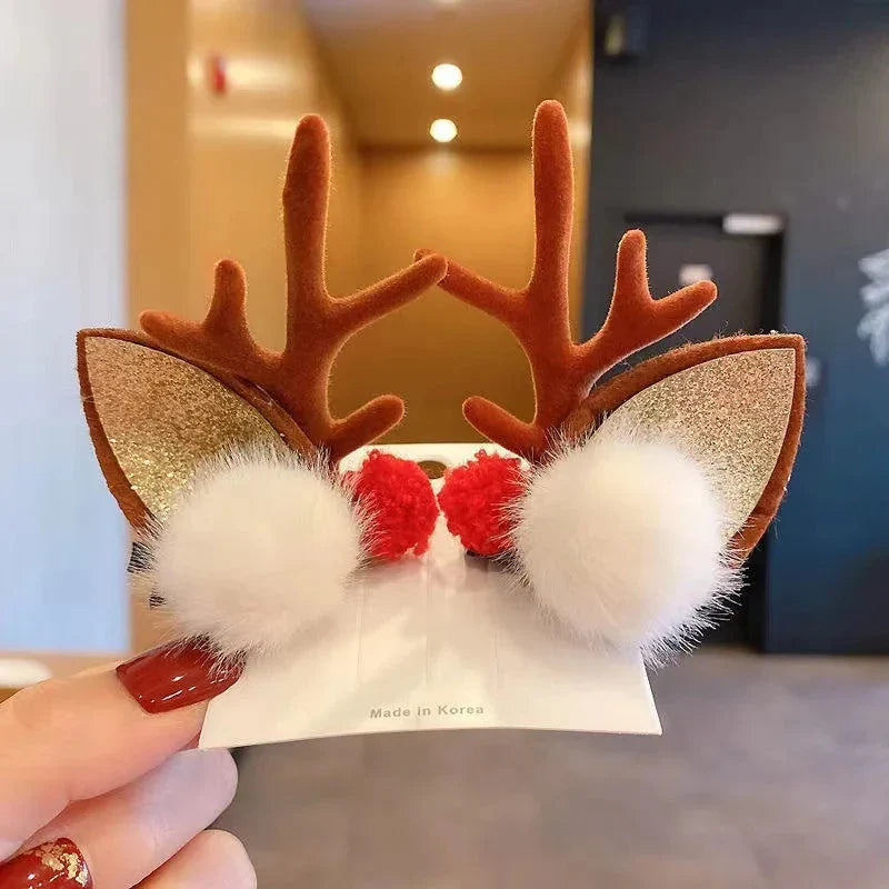 2pcs/Set Kawaii Christmas Elk Ear Hair Clip Women Girl Santa Snowman Hairpin Xmas Party Barrettes For Kids Cosplay Headwear
