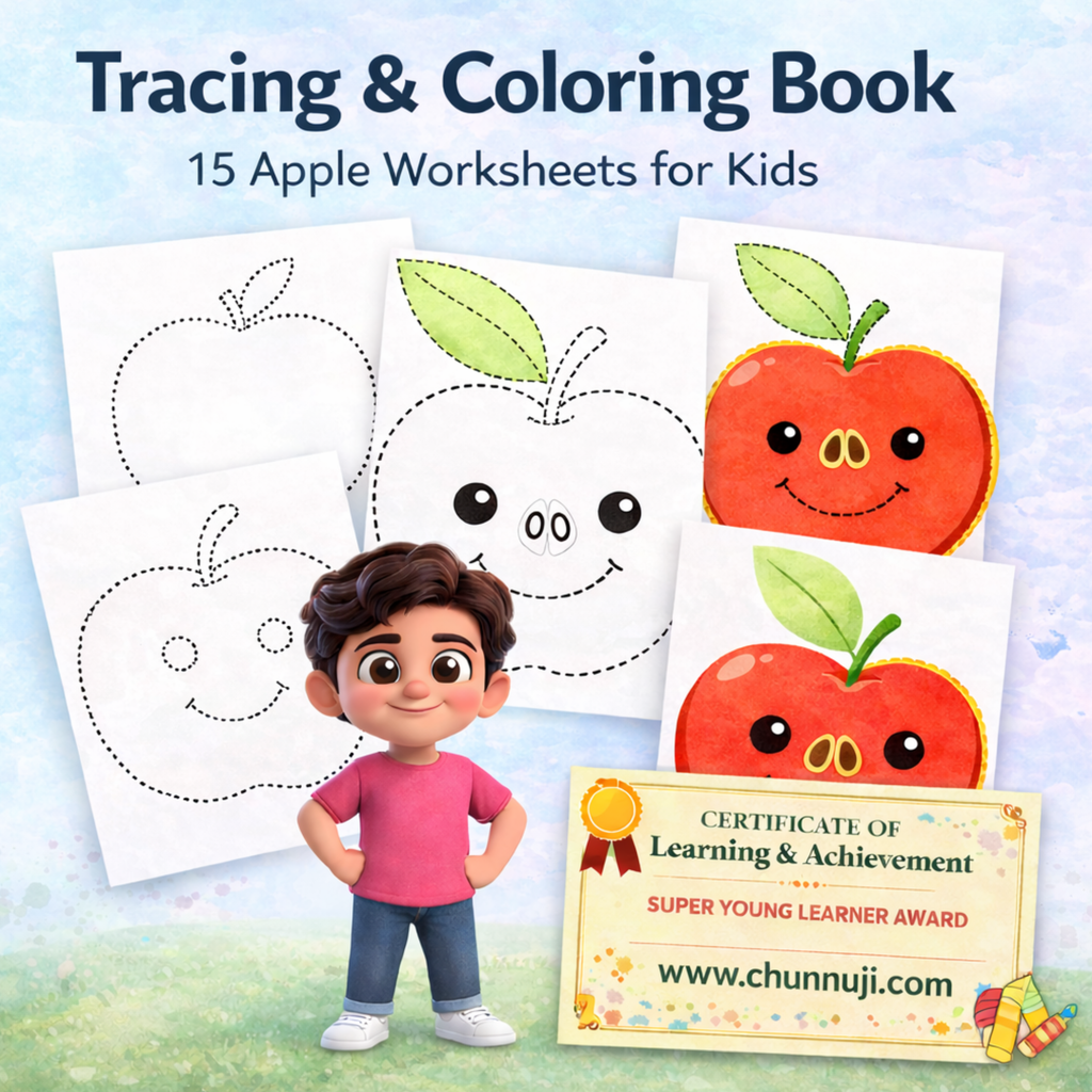 Apple Tracing & Coloring Book for Kids (Ages 3–5) | 15 Apple Worksheets + Certificate | $0.49