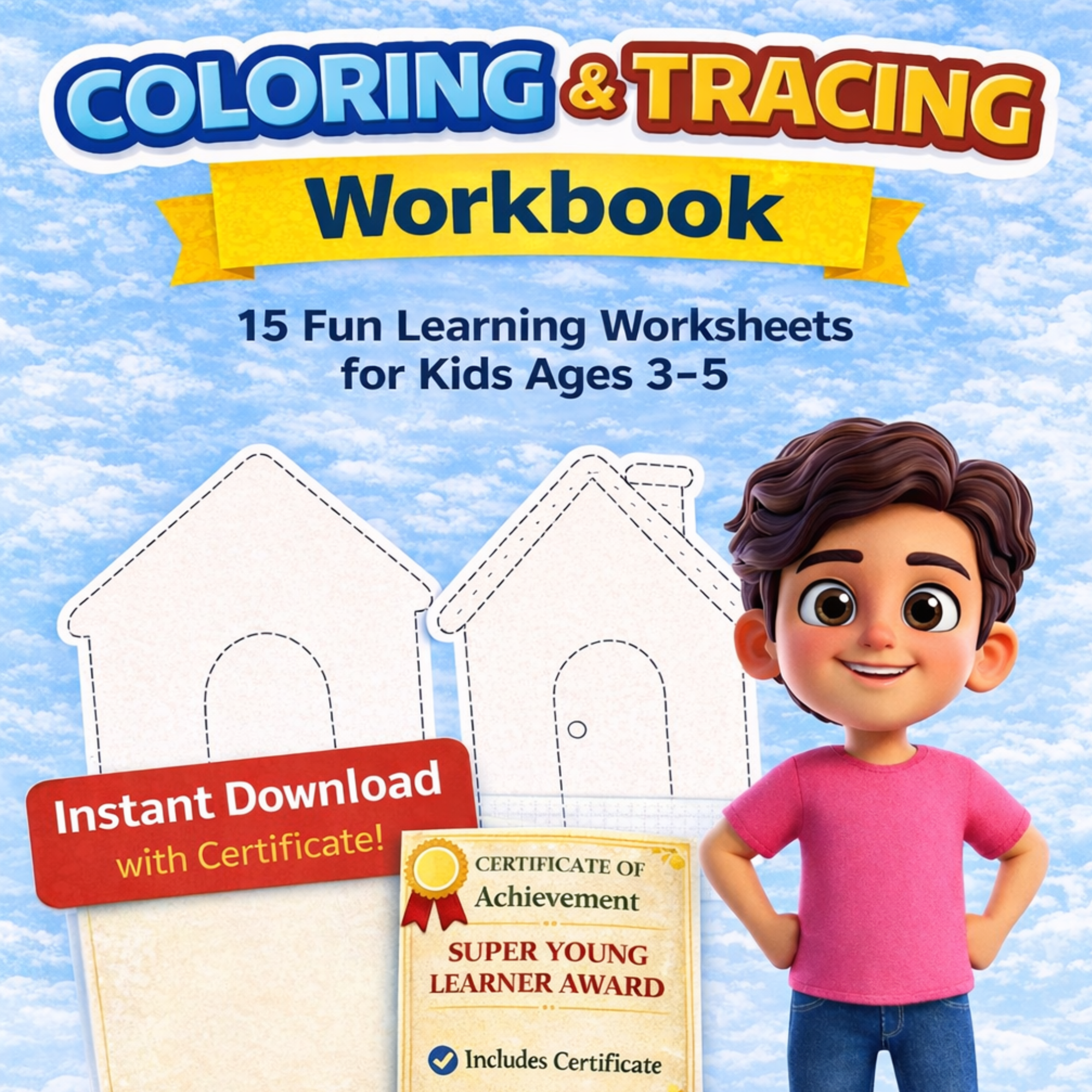 15 Page Coloring & Tracing Worksheet for Kids (Ages 3–5) | Printable PDF eBook